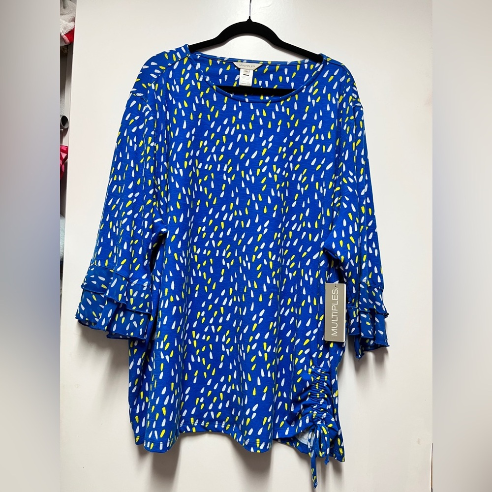 Multiples Royal Blue Printed Ruffle-Sleeve Long Sleeve Top Size 3X NWT